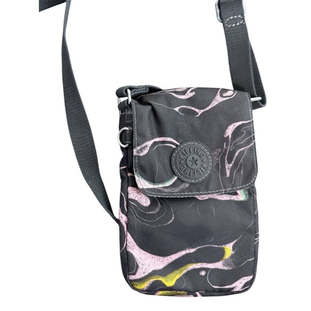Kipling Tally Phone Crossbody Bag Charcoal Grey Marble Swirl Nylon Mini